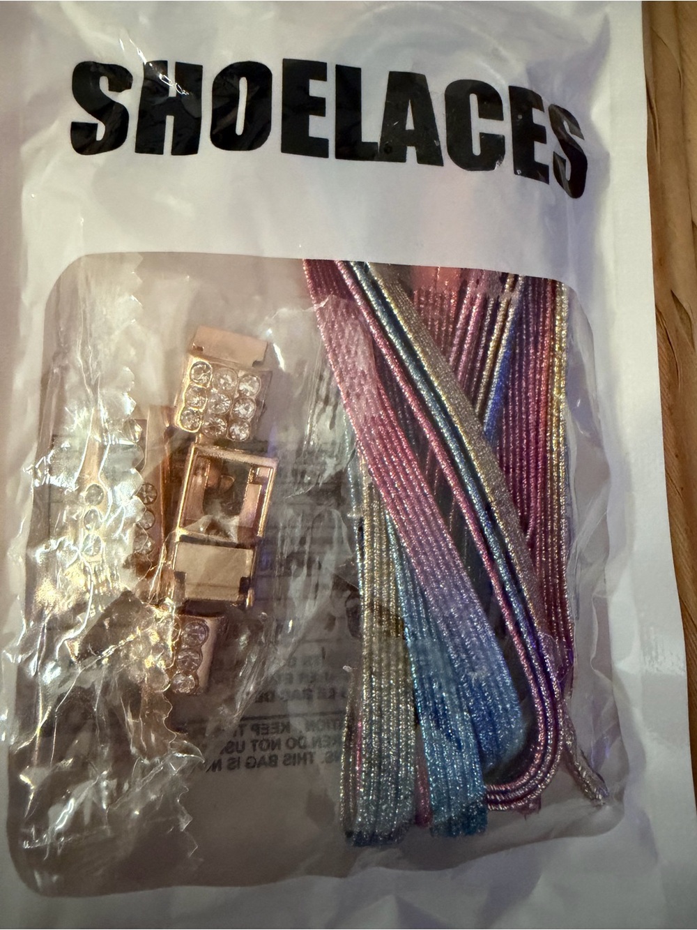 New set of 2 Multicolor and White Elastic Shoelaces with Rhinestone Clips